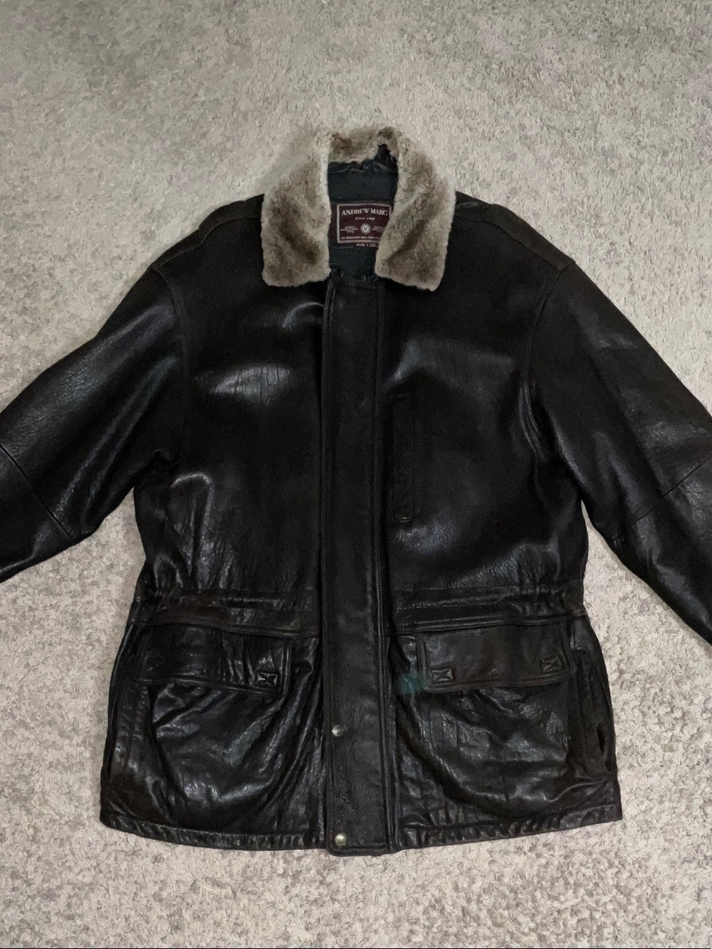 Andrew Marc Black Leather Bomber Jacket with Cream Shearling Collar